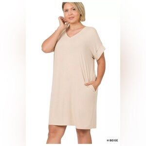 ZENANA 1X Women's V Neck Rolled Short Sleeve Soft Rayon Knee Length Short Dress